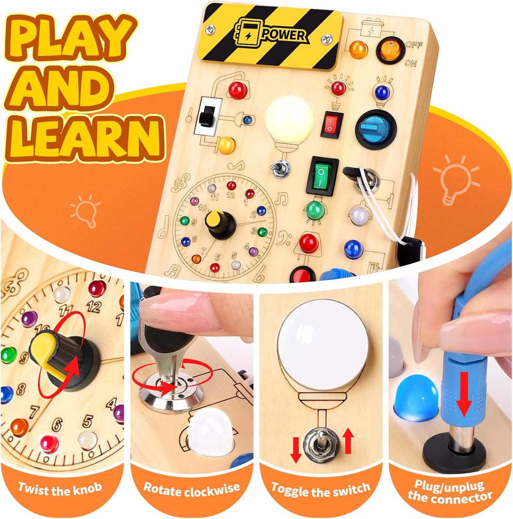 Montessori Wooden Busy Board with LED Light Switches - Sensory Activity Toy for Toddlers 💡🧩