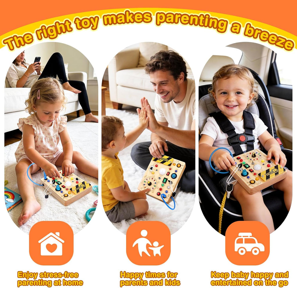 Montessori Wooden Busy Board with LED Light Switches - Sensory Activity Toy for Toddlers 💡🧩