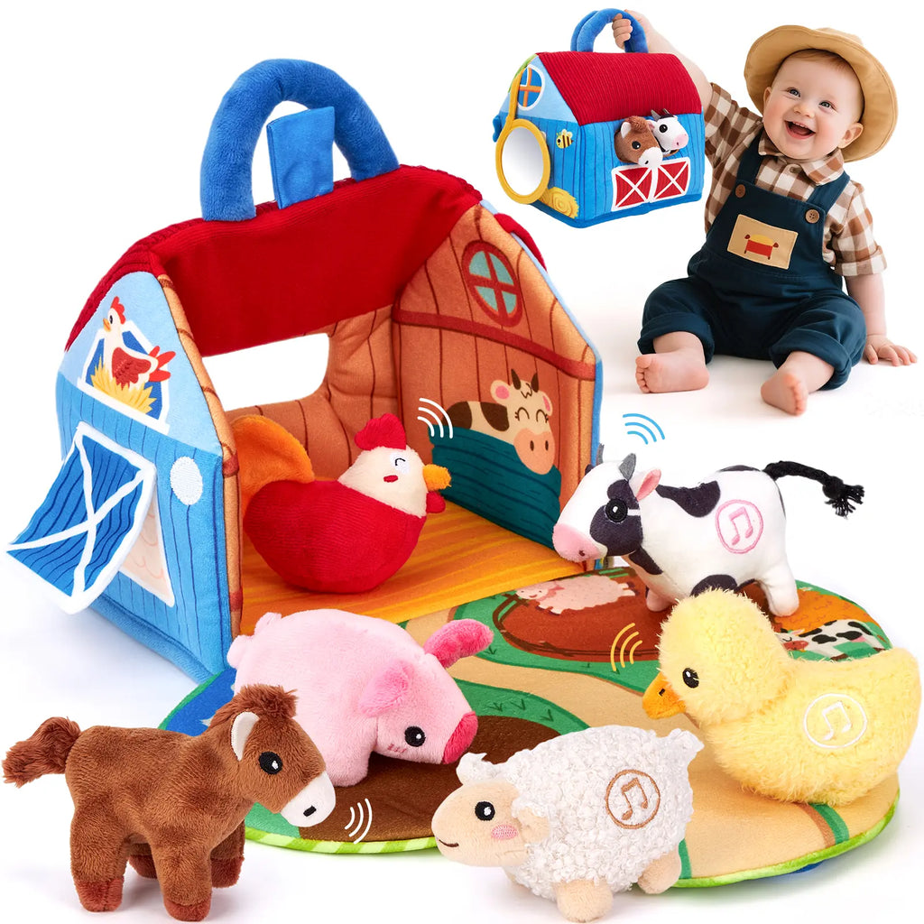 Talking Plush Farm Animal Toy Set with Foldable Barn Play Mat - Montessori Sensory Toy for Babies 6-12 Months 🐮🚜