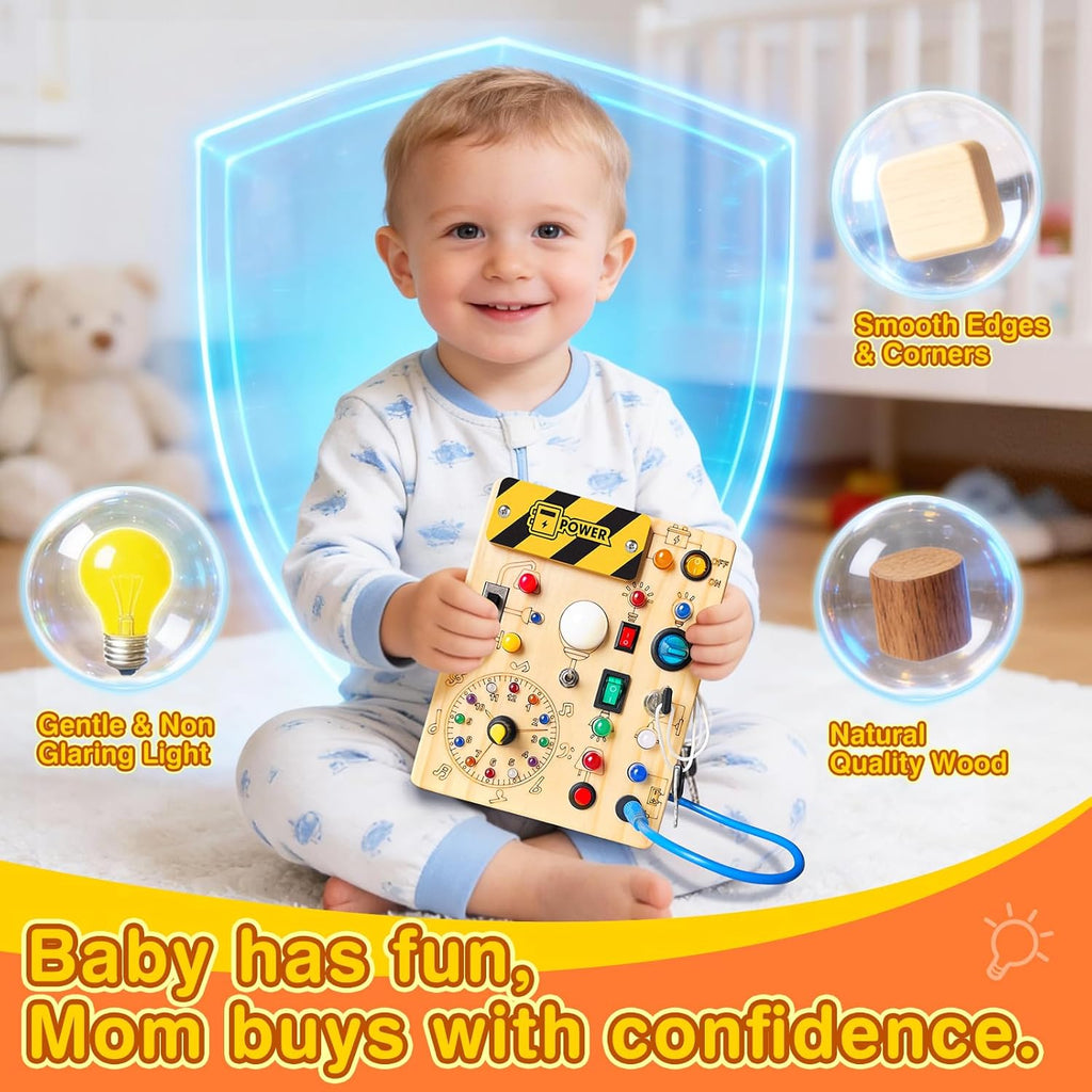 Montessori Wooden Busy Board with LED Light Switches - Sensory Activity Toy for Toddlers 💡🧩