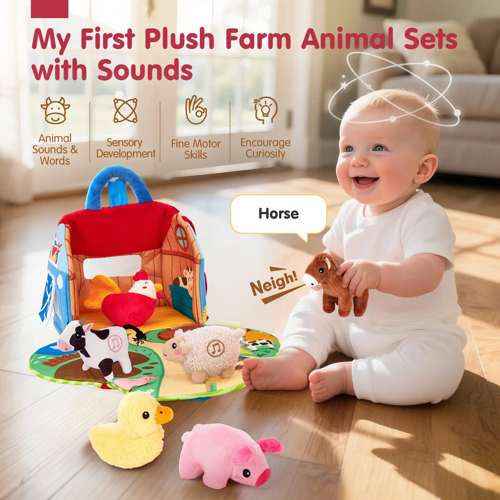 Talking Plush Farm Animal Toy Set with Foldable Barn Play Mat - Montessori Sensory Toy for Babies 6-12 Months 🐮🚜