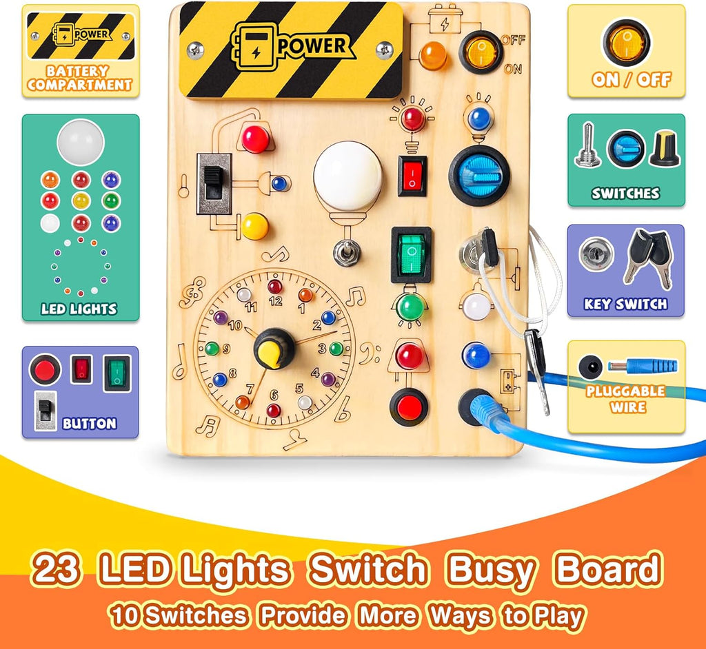 Montessori Wooden Busy Board with LED Light Switches - Sensory Activity Toy for Toddlers 💡🧩
