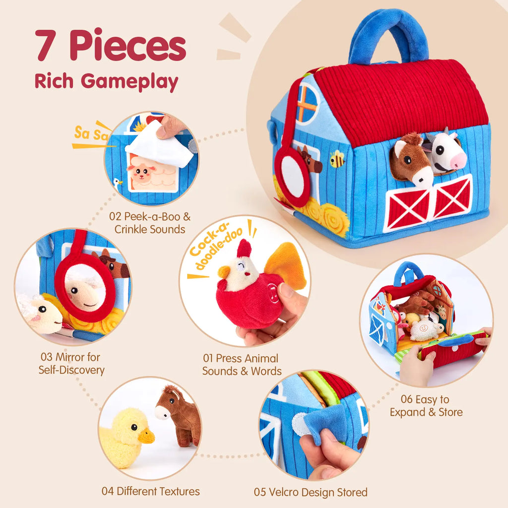 Talking Plush Farm Animal Toy Set with Foldable Barn Play Mat - Montessori Sensory Toy for Babies 6-12 Months 🐮🚜