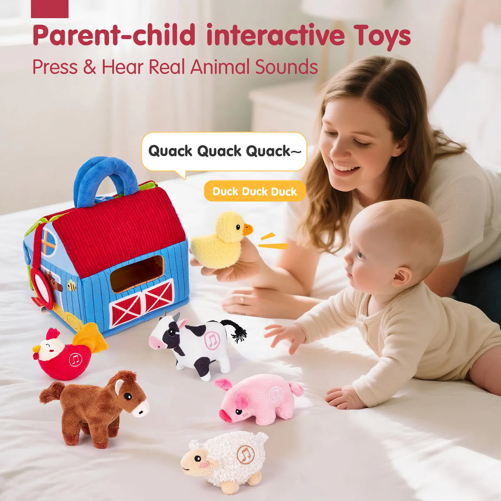 Talking Plush Farm Animal Toy Set with Foldable Barn Play Mat - Montessori Sensory Toy for Babies 6-12 Months 🐮🚜