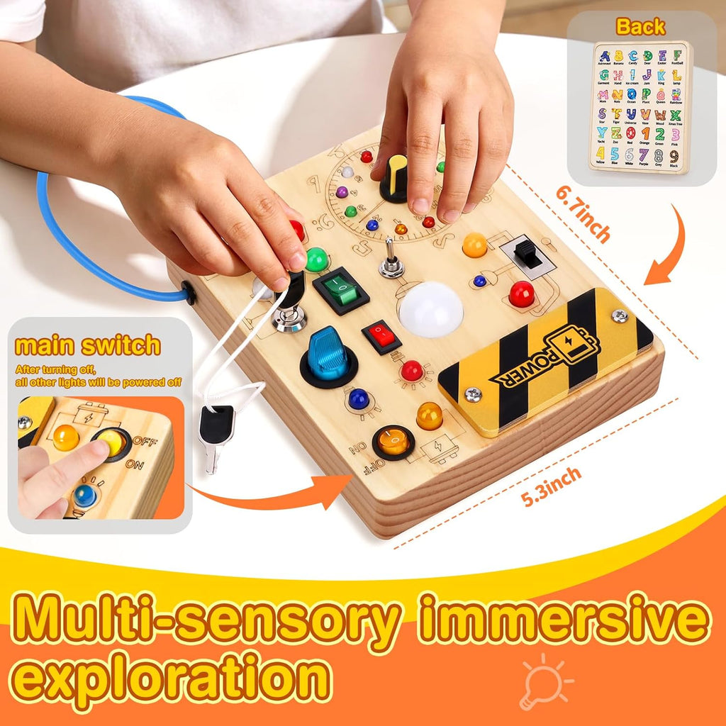 Montessori Wooden Busy Board with LED Light Switches - Sensory Activity Toy for Toddlers 💡🧩