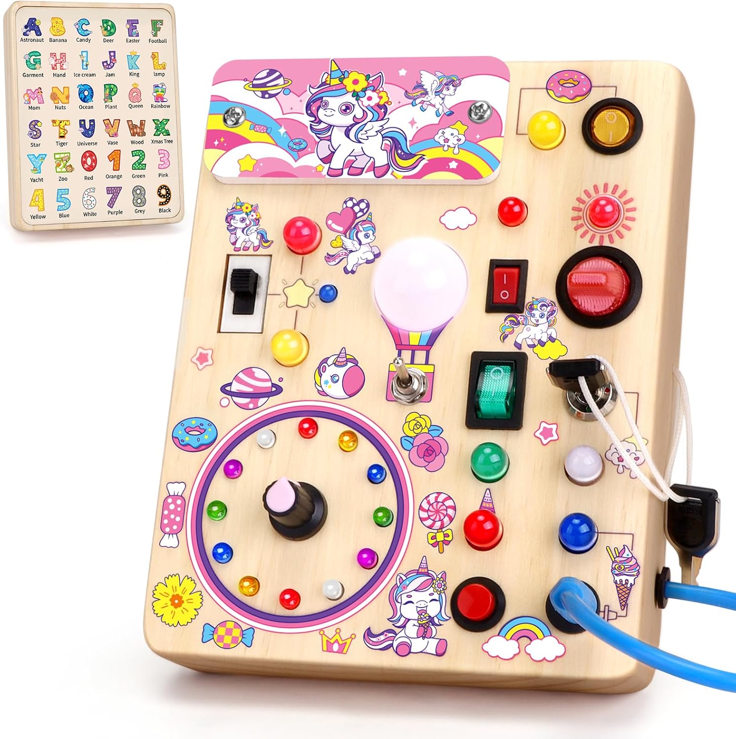 Montessori Wooden Busy Board with LED Light Switches - Sensory Activity Toy for Toddlers 💡🧩