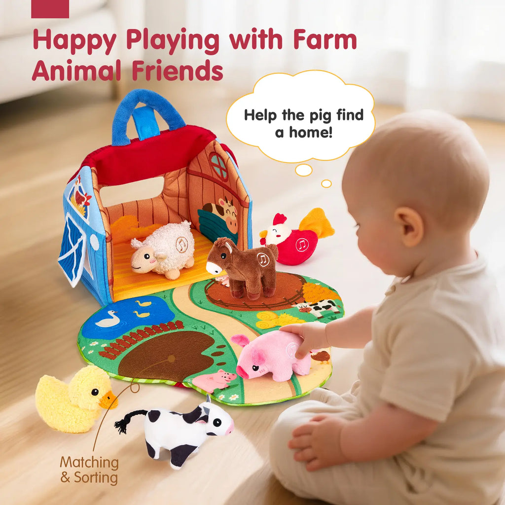 Talking Plush Farm Animal Toy Set with Foldable Barn Play Mat - Montessori Sensory Toy for Babies 6-12 Months 🐮🚜