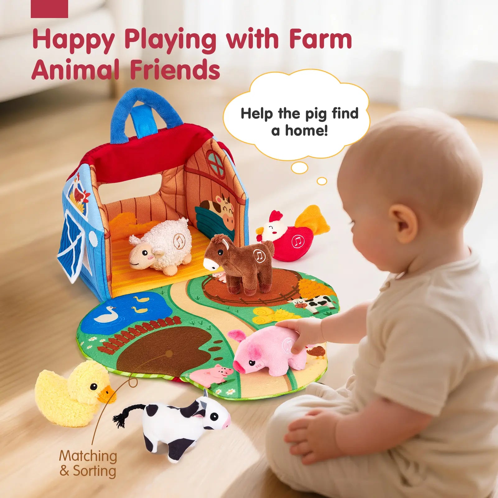 Talking Plush Farm Animal Toy Set with Foldable Barn Play Mat - Montessori Sensory Toy for Babies 6-12 Months 🐮🚜