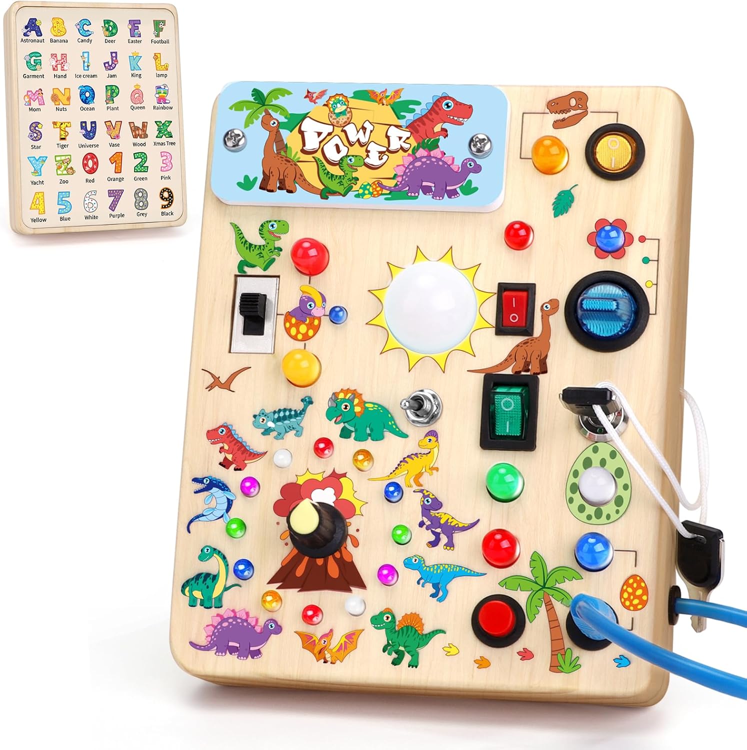 Montessori Wooden Busy Board with LED Light Switches - Sensory Activity Toy for Toddlers 💡🧩
