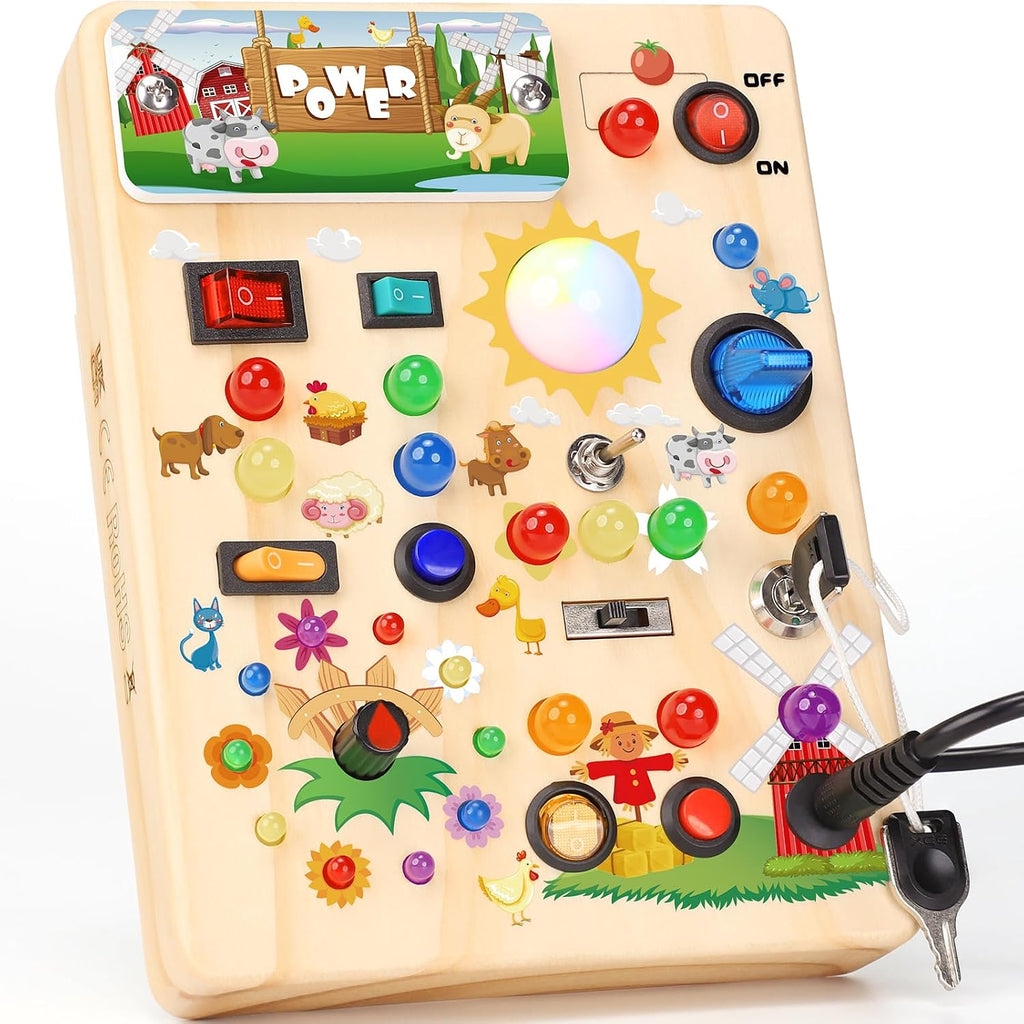 Montessori Wooden Busy Board with LED Light Switches - Sensory Activity Toy for Toddlers 💡🧩