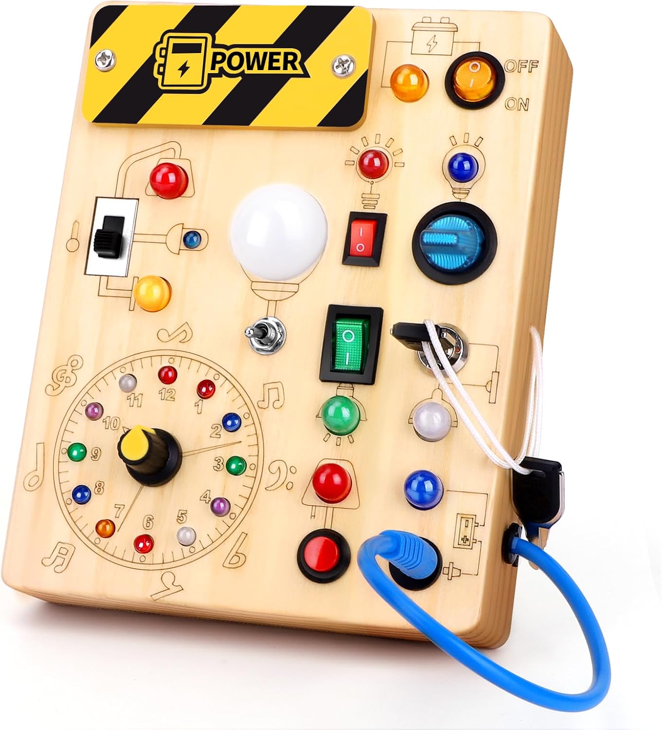 Montessori Wooden Busy Board with LED Light Switches - Sensory Activity Toy for Toddlers 💡🧩