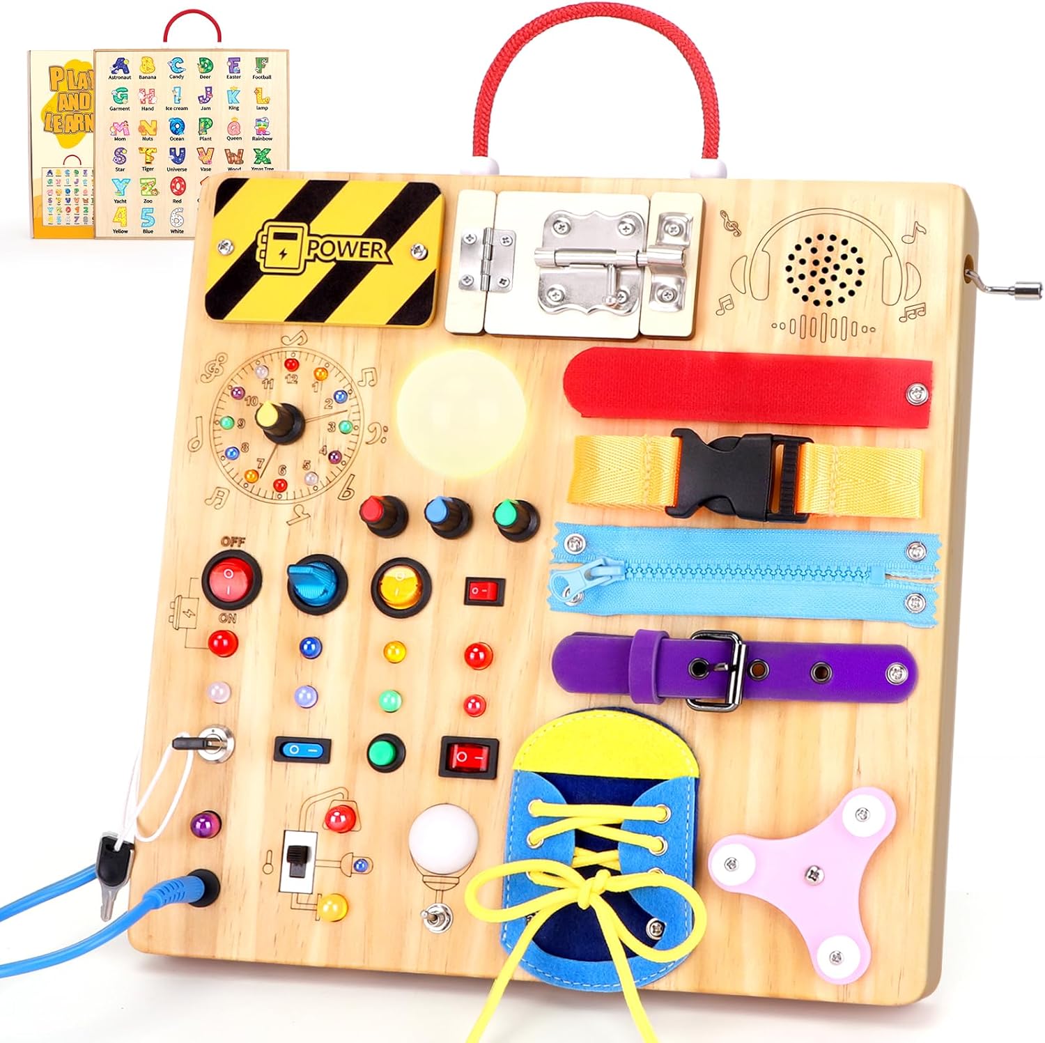 Montessori Wooden Busy Board with LED Light Switches - Sensory Activity Toy for Toddlers 💡🧩