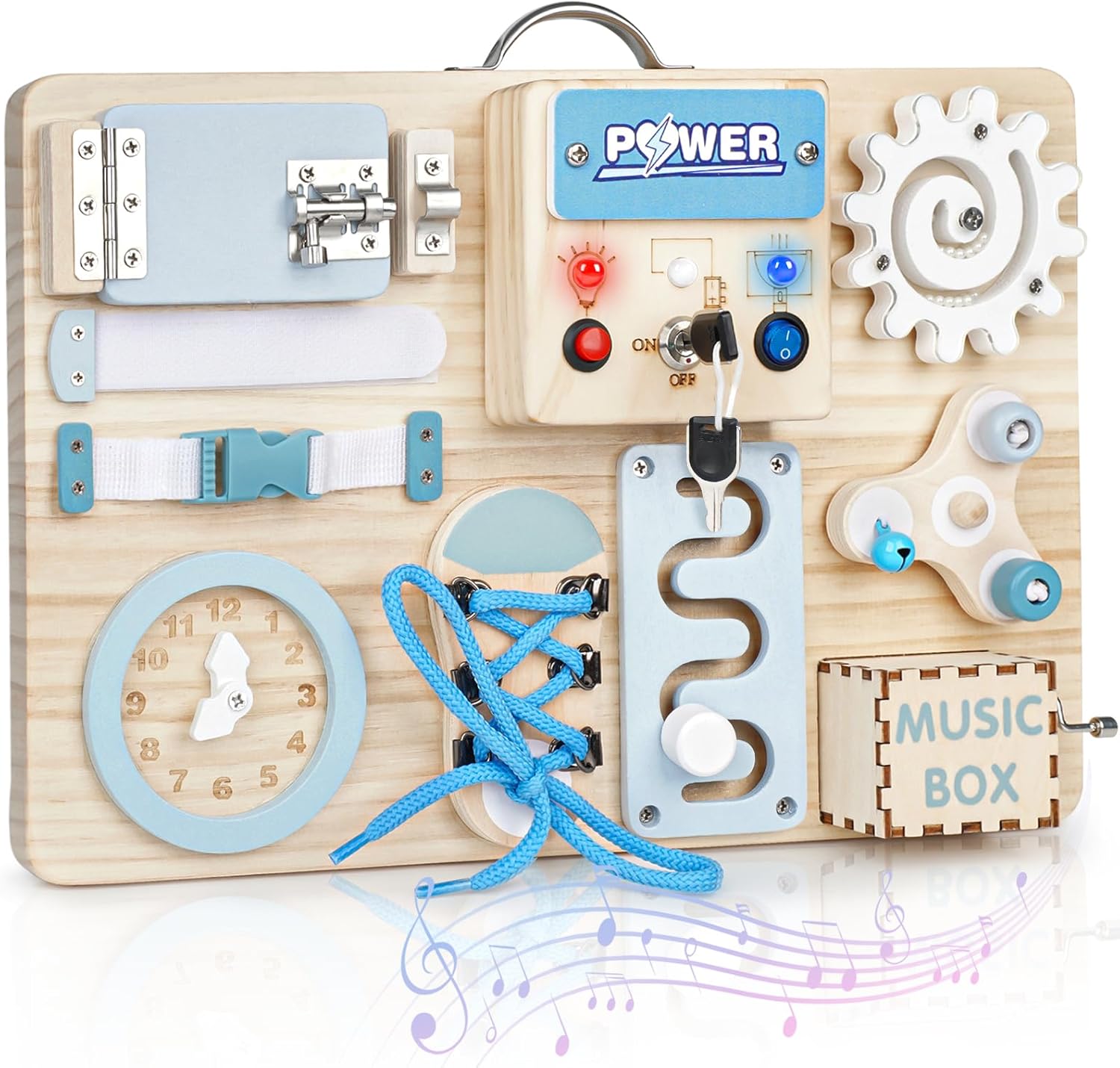 Montessori Wooden Busy Board with LED Light Switches - Sensory Activity Toy for Toddlers 💡🧩