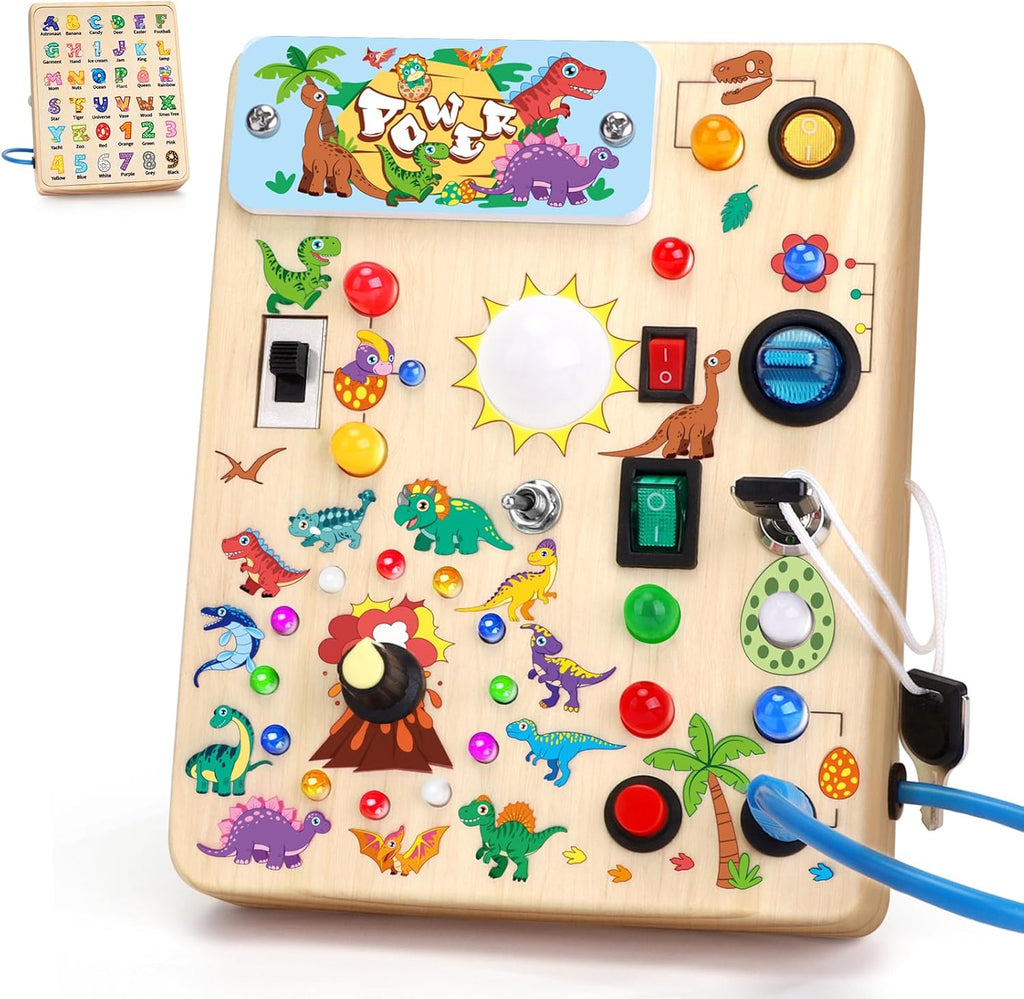 Montessori Wooden Busy Board with LED Light Switches - Sensory Activity Toy for Toddlers 💡🧩