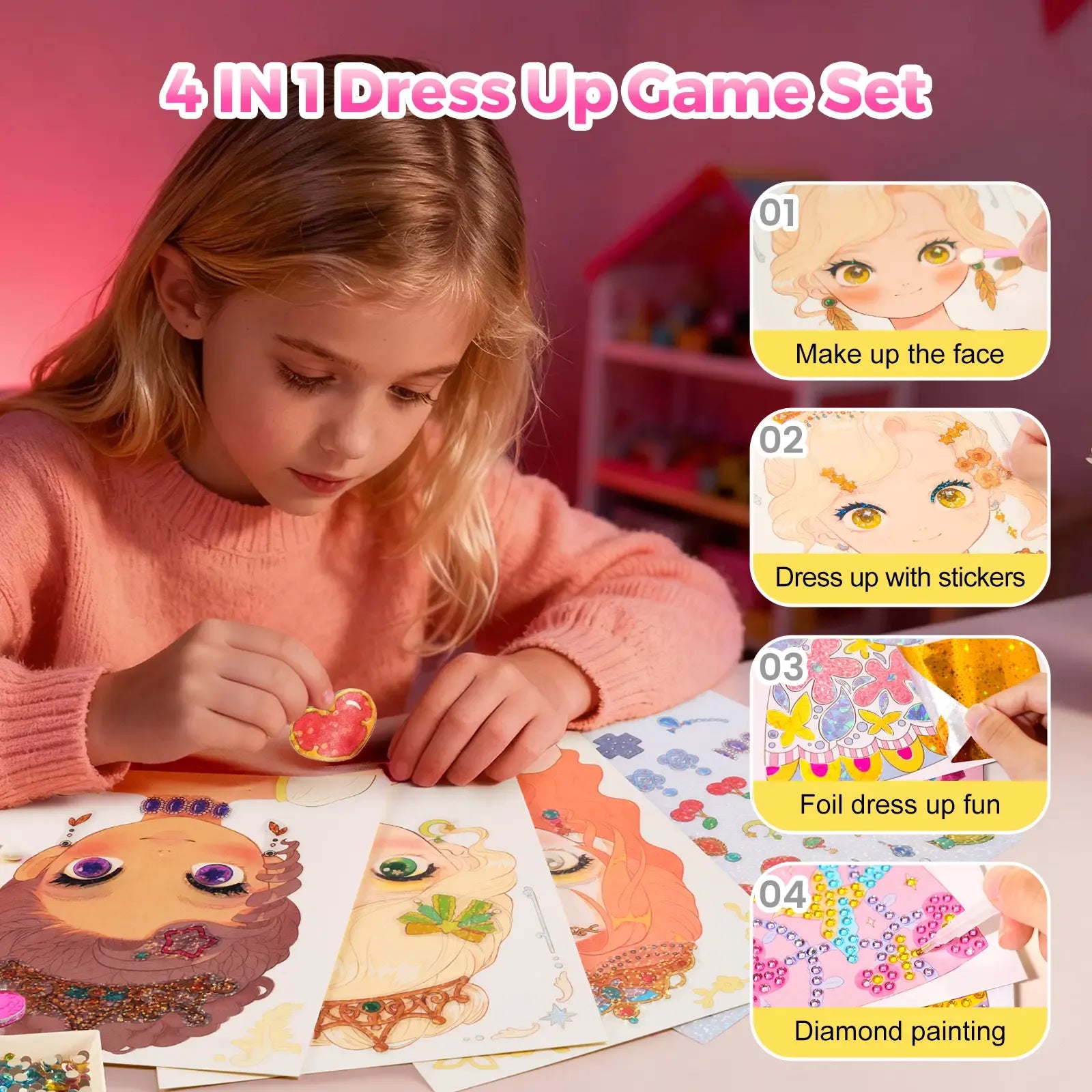4-in-1 Princess Art & Craft Kit - Makeup, Gem Painting & Sticker Dress-Up Set for Girls 🎨👸